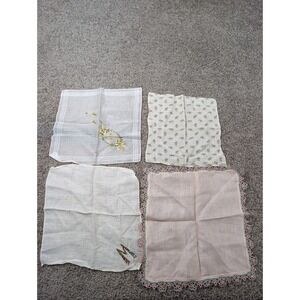 Vintage Handkerchief Lot White Floral Embroidered Lace Trim Set of 4